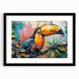 Tropical birds wall art collection displayed in a black frame, featuring vibrant colors and intricate designs, perfect for enhancing home decor and inviting nature indoors.