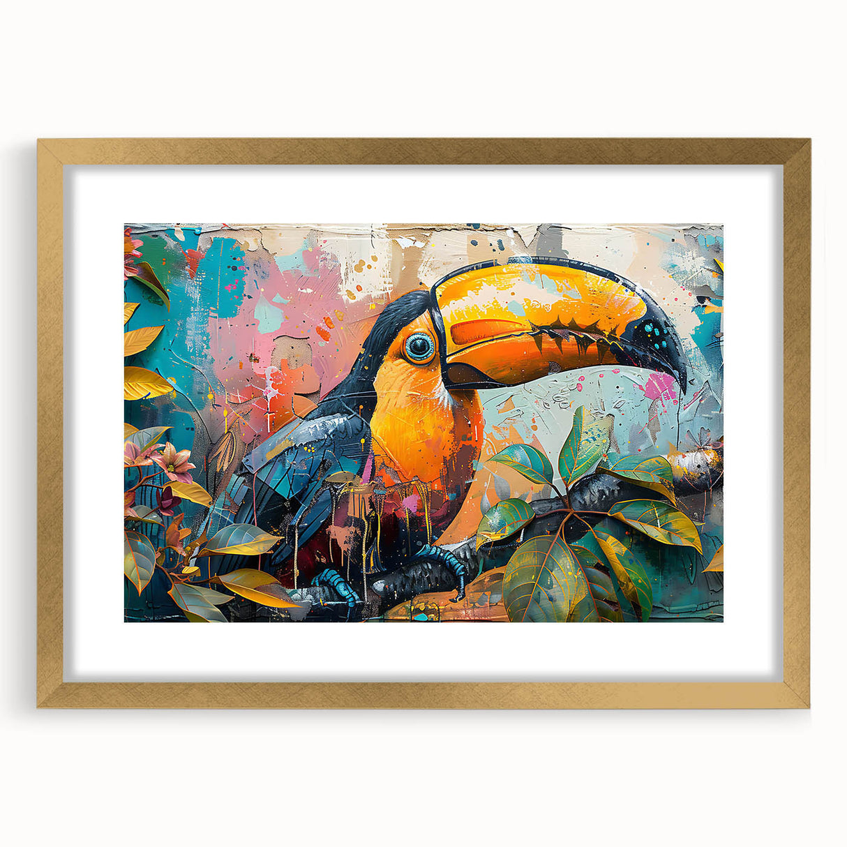 Tropical birds wall art collection framed in gold, showcasing vibrant colors and intricate details, perfect for enhancing any living space or gallery wall decor.