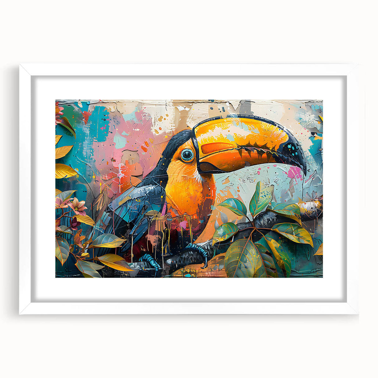 Tropical bird wall art collection framed in white with a mat, showcasing vibrant colors and intricate details, ideal for enhancing home decor.