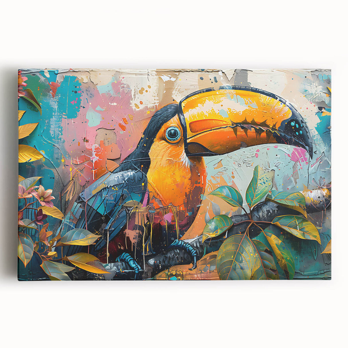 Tropical bird-themed wall art displayed on stretched canvas, showcasing vibrant colors and intricate designs, perfect for enhancing home decor aesthetics.