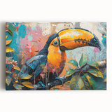 Tropical bird-themed wall art displayed on stretched canvas, showcasing vibrant colors and intricate designs, perfect for enhancing home decor aesthetics.
