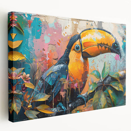 Tropical birds wall art design on stretched canvas, showcasing vibrant colors and intricate details, ideal for enhancing home decor with a lively touch.