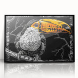 Framed tropical bird wall art featuring vibrant colors and intricate designs, displayed in a sleek black frame, perfect for enhancing home decor and adding a touch of nature.