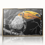 Framed tropical bird wall art design showcasing vibrant colors with golden accents, perfect for adding a touch of nature-inspired elegance to any room decor.