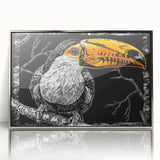 Framed wall art collection featuring vibrant tropical bird designs on a silver acrylic background, ideal for enhancing modern decor with a touch of nature.