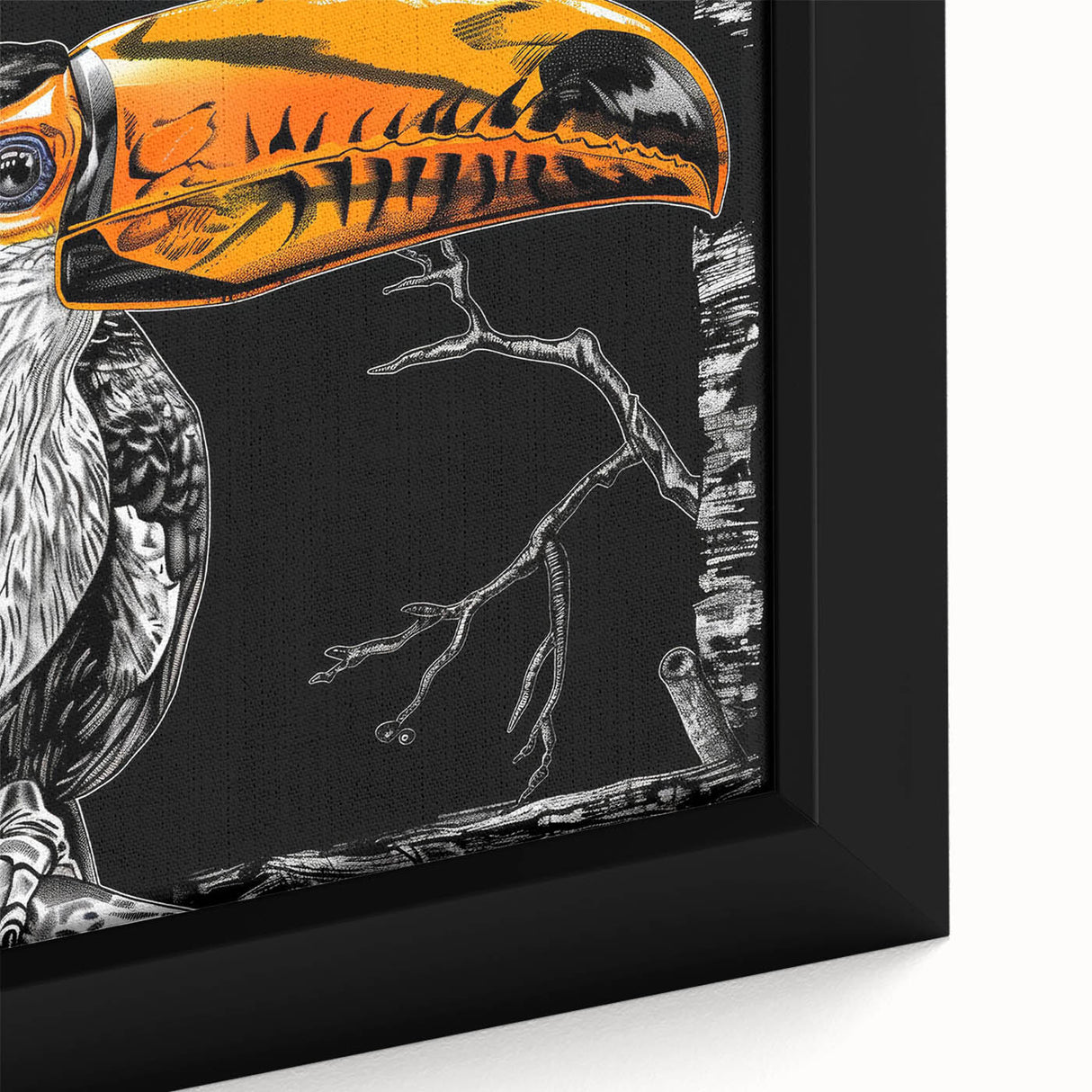 Close-up of a vibrant tropical bird wall art design featuring colorful parrots and foliage, framed as a canvas print perfect for enhancing home decor.