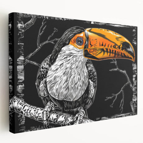 Tropical bird-themed stretched canvas wall art showcasing vibrant colors and intricate details, perfect for enhancing modern home decor with a nature-inspired touch.
