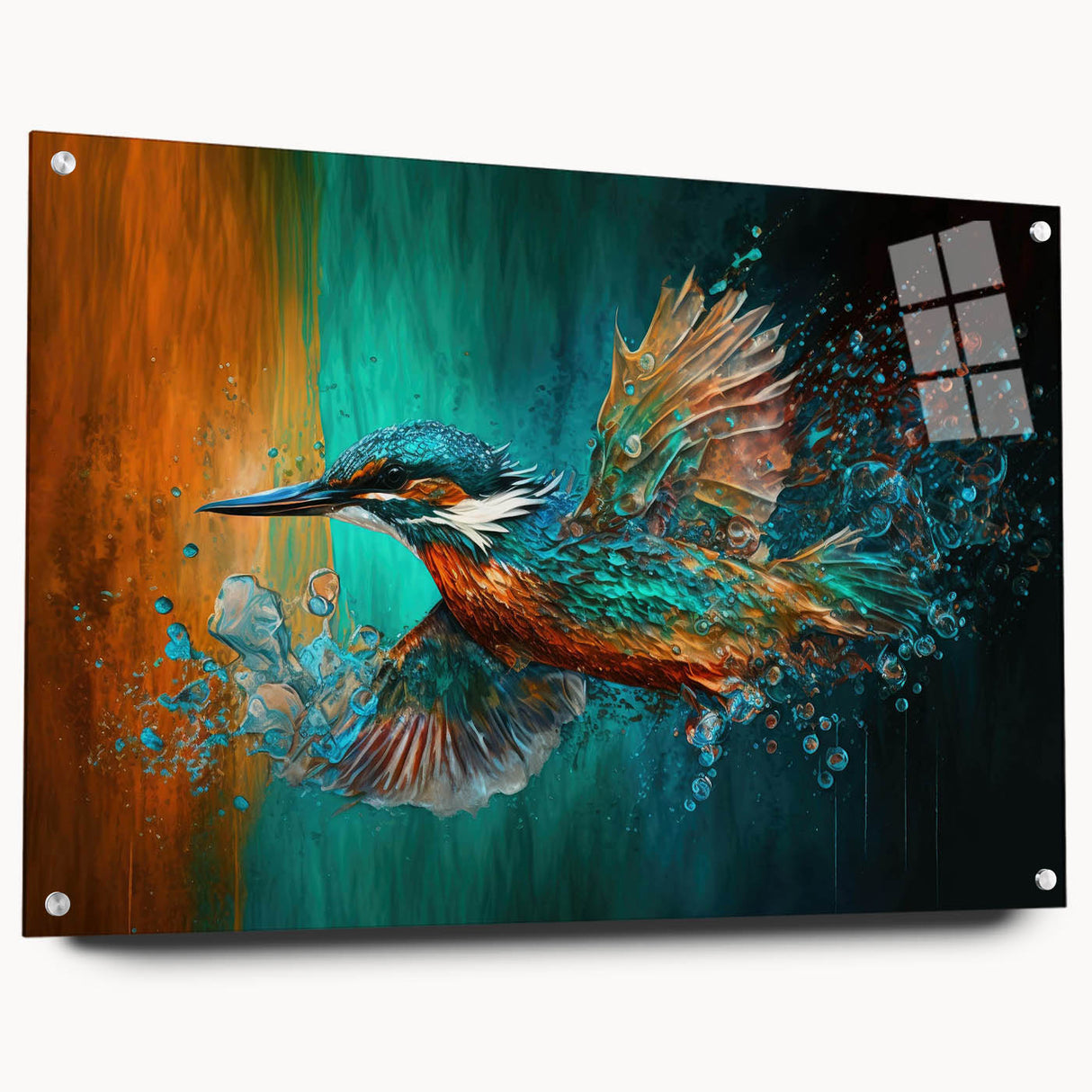 Acrylic glass wall art showcasing a vibrant tropical bird design, displayed side view with visible mounting pins, perfect for adding color to modern decor.