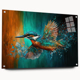 Acrylic glass wall art showcasing a vibrant tropical bird design, displayed side view with visible mounting pins, perfect for adding color to modern decor.
