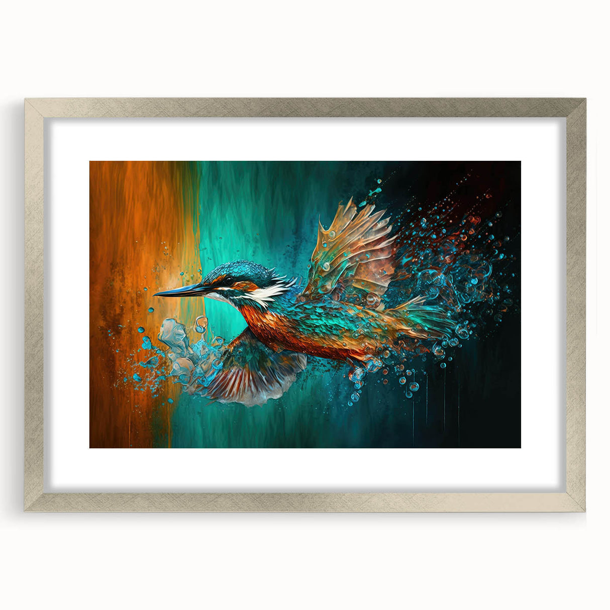Tropical birds wall art design in a silver frame with matting, showcasing vibrant colors and intricate details, perfect for enhancing any decor.