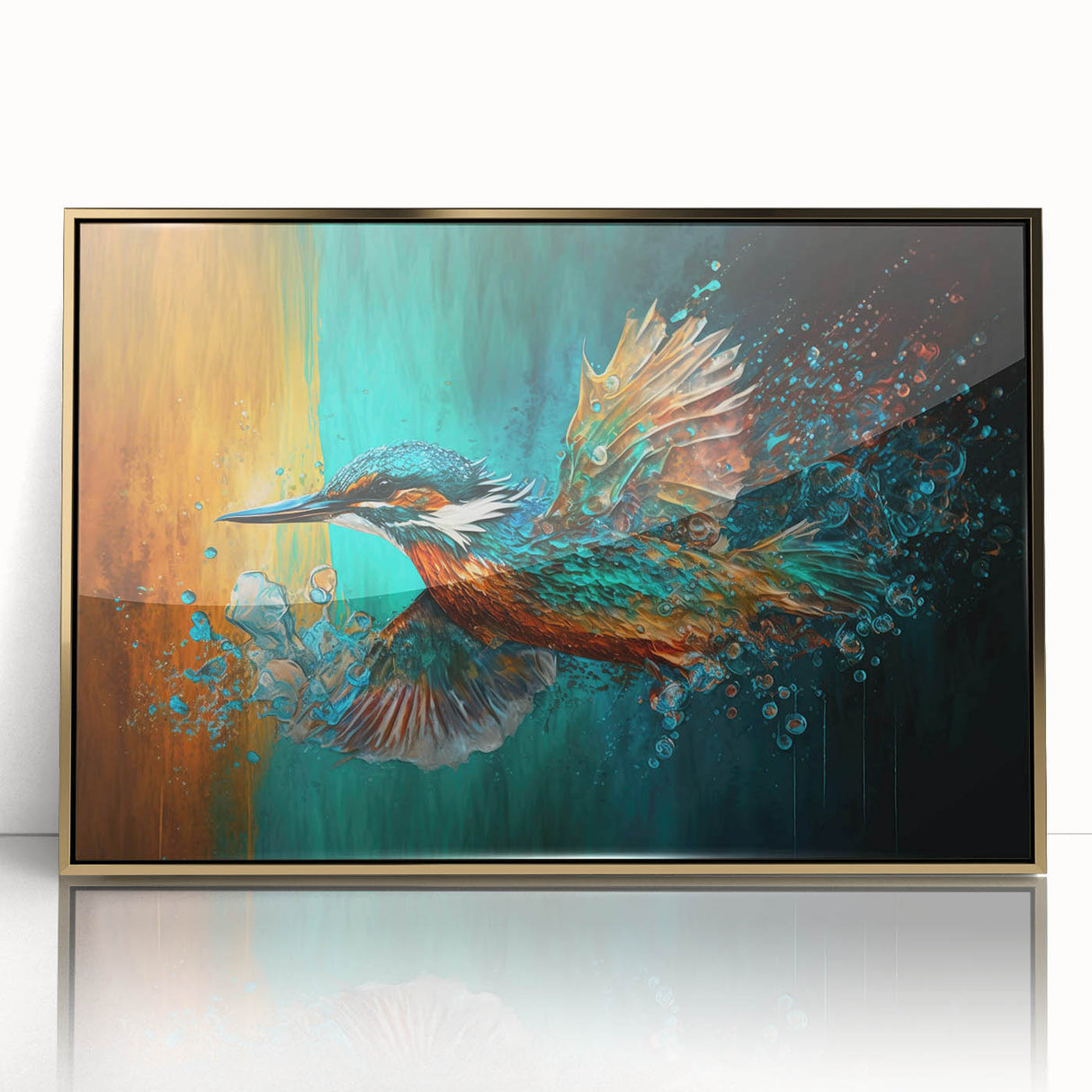 Framed acrylic wall art featuring a vibrant tropical bird design with gold accents, perfect for adding a touch of nature and elegance to any room decor.