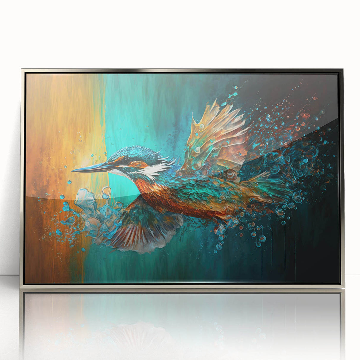 Framed acrylic wall art featuring a vibrant tropical bird design with silver accents, ideal for enhancing home decor or office spaces, showcasing colorful plumage and a modern aesthetic.