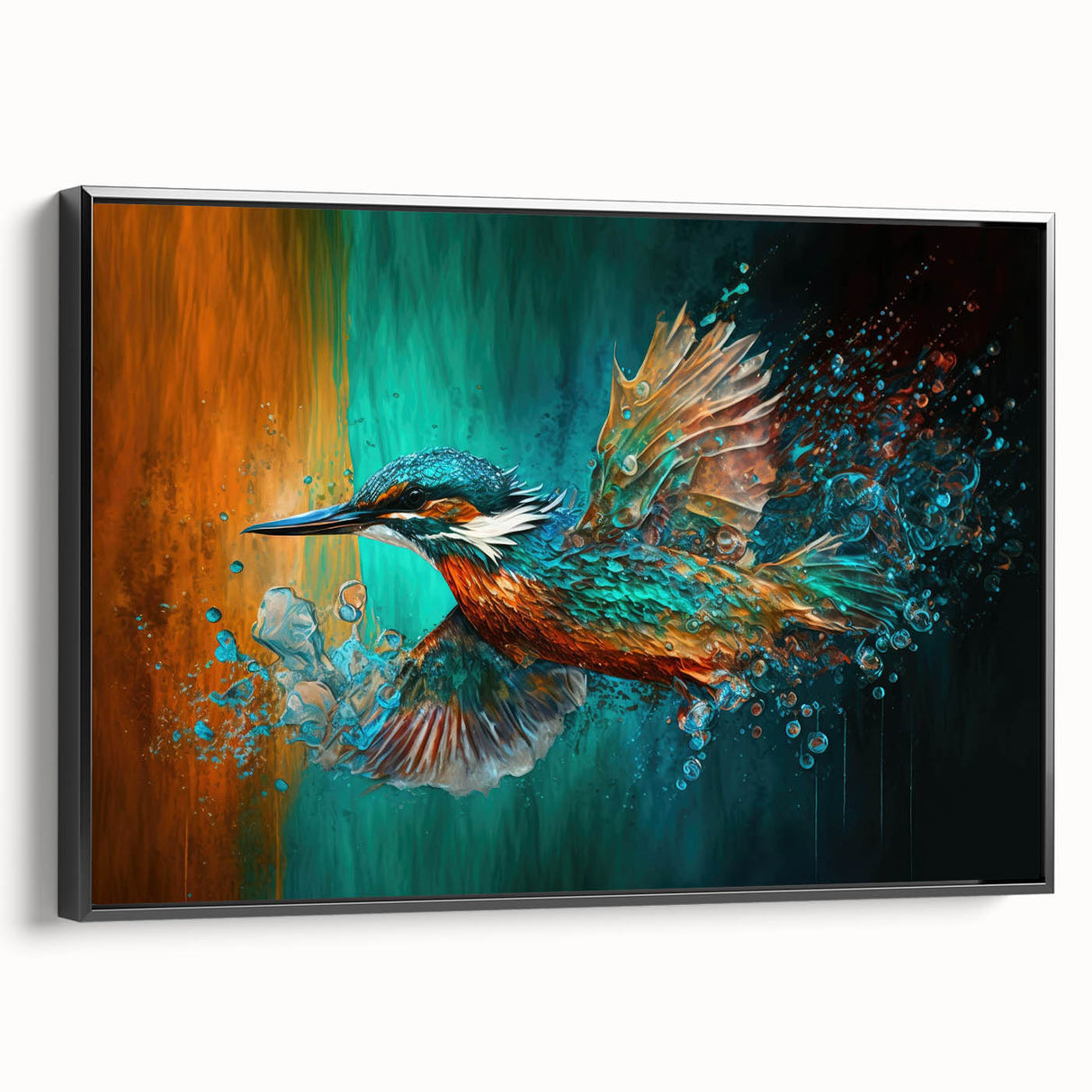 Framed canvas wall art showcasing a vibrant tropical bird design with a black frame, ideal for enhancing modern home decor. Perfect for bird lovers and nature-themed decor enthusiasts.