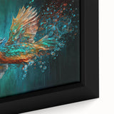 Close-up of a vibrant tropical birds wall art design featuring colorful parakeets and lush greenery, framed on a canvas for an elegant home decor accent. Perfect for nature lovers and modern interior design enthusiasts.