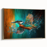 Framed canvas wall art showcasing a vibrant tropical bird design in gold accents, ideal for home decor, enhancing living spaces with a touch of nature.