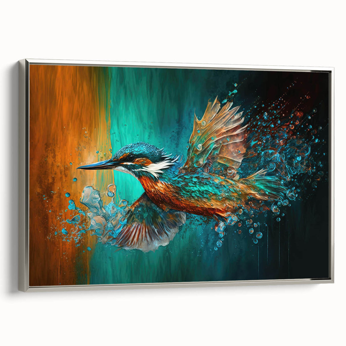 Framed wall art featuring a vibrant tropical birds design in a silver frame, showcasing rich colors and intricate details, ideal for enhancing home decor.
