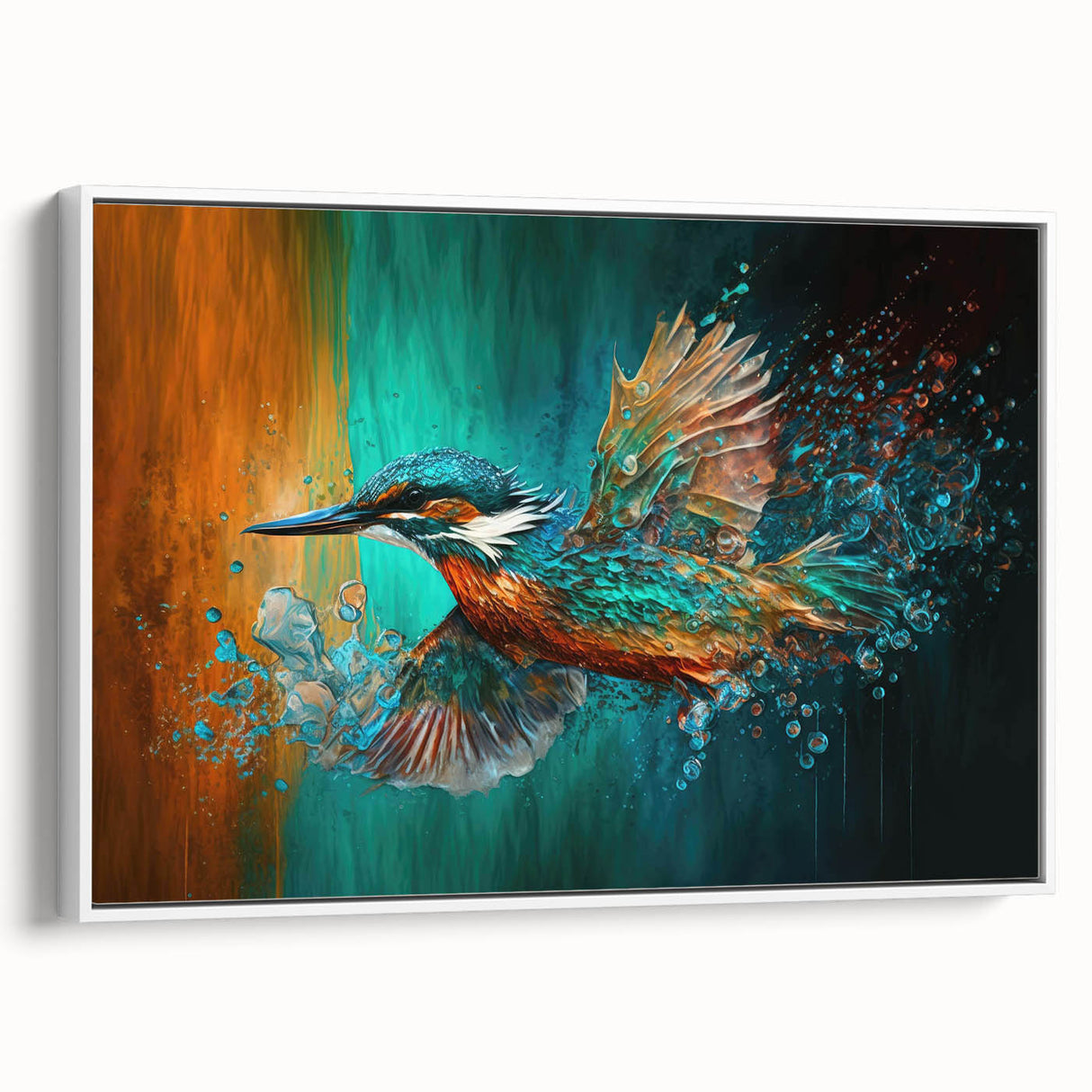 Framed canvas wall art showcasing vibrant tropical birds in a lush setting, featuring a white frame for an elegant finish, perfect for home decor.