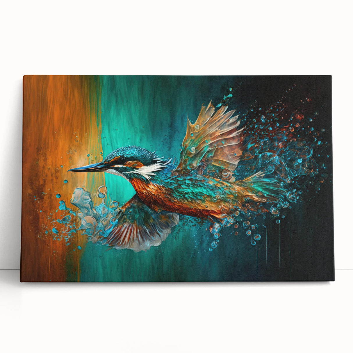 Vibrant tropical birds wall art design on a stretched canvas, showcasing colorful parrots and foliage, ideal for enhancing home decor with a lively, exotic touch.