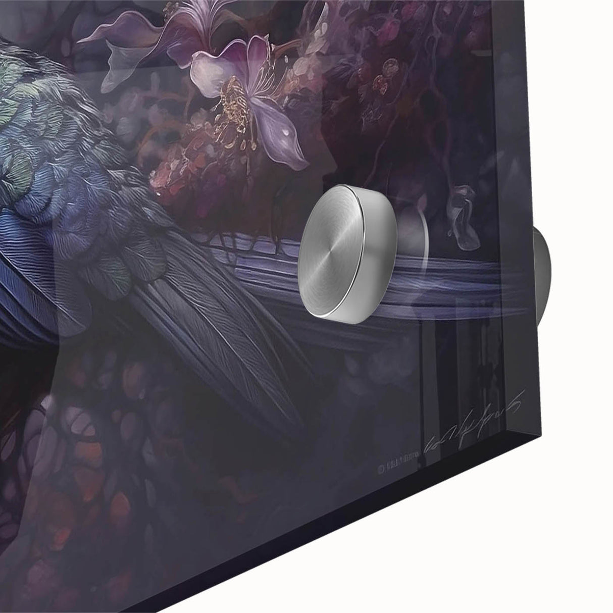 Vibrant close-up of tropical bird wall art featuring colorful parakeets and foliage, printed on acrylic glass, ideal for enhancing modern home decor.