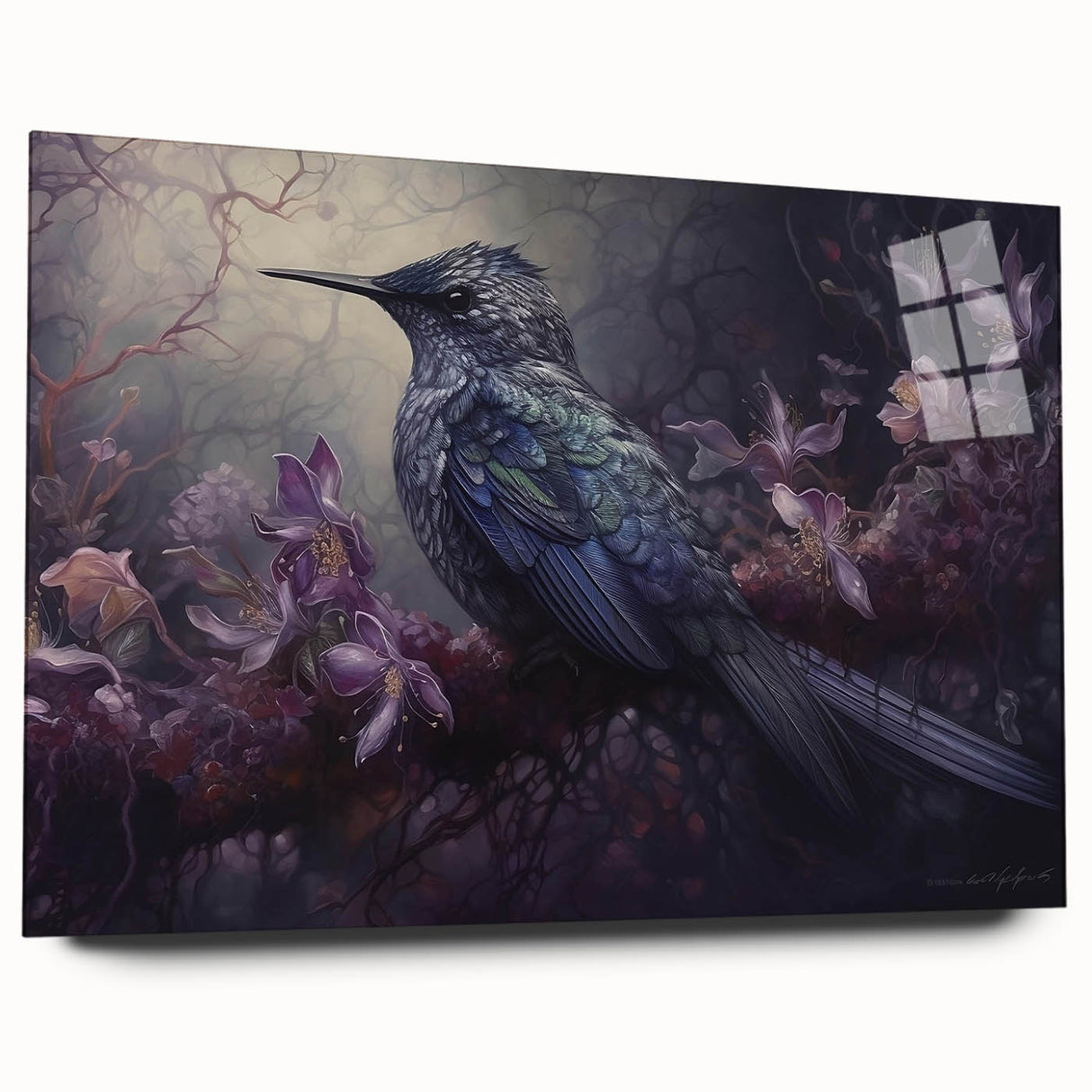 Vibrant tropical bird wall art design showcased on acrylic glass, highlighting vivid colors and fine details. Ideal for enhancing modern home decor aesthetics.