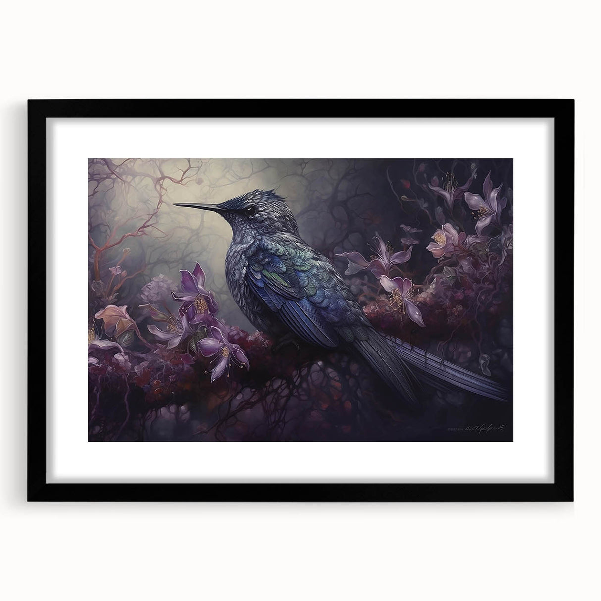 Tropical birds wall art design displayed in a sleek black frame with a mat, showcasing vibrant colors and intricate details, ideal for home decor enhancement.