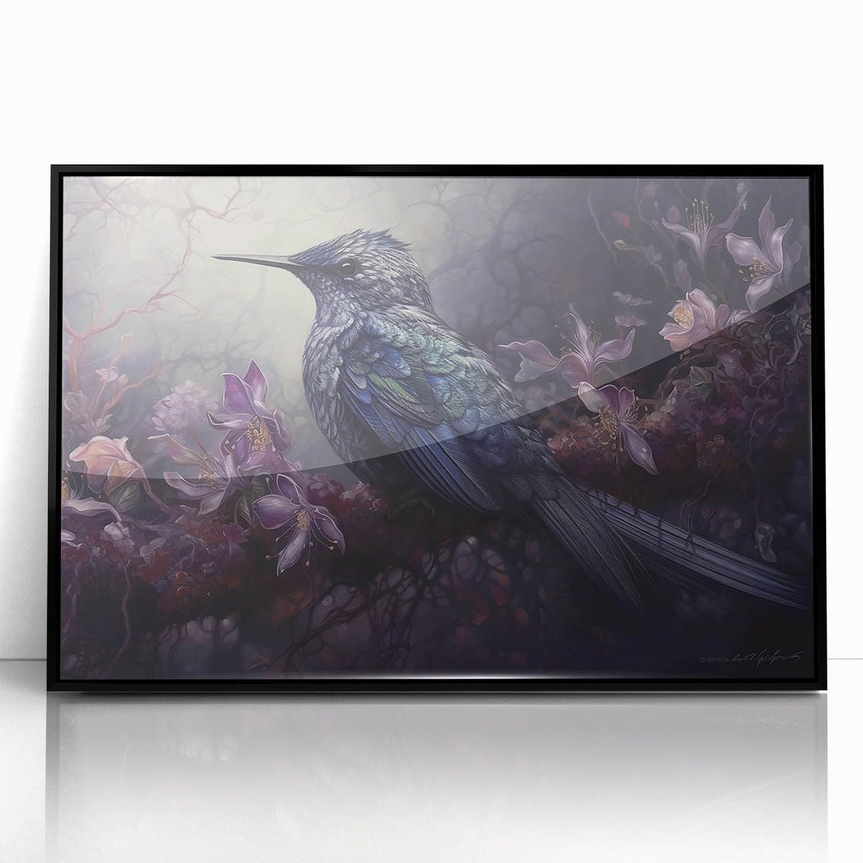 Framed wall art featuring a vibrant tropical birds design in acrylic, showcasing a black frame and a colorful array of birds perched among lush greenery. Ideal for enhancing home decor with a nature-inspired theme.