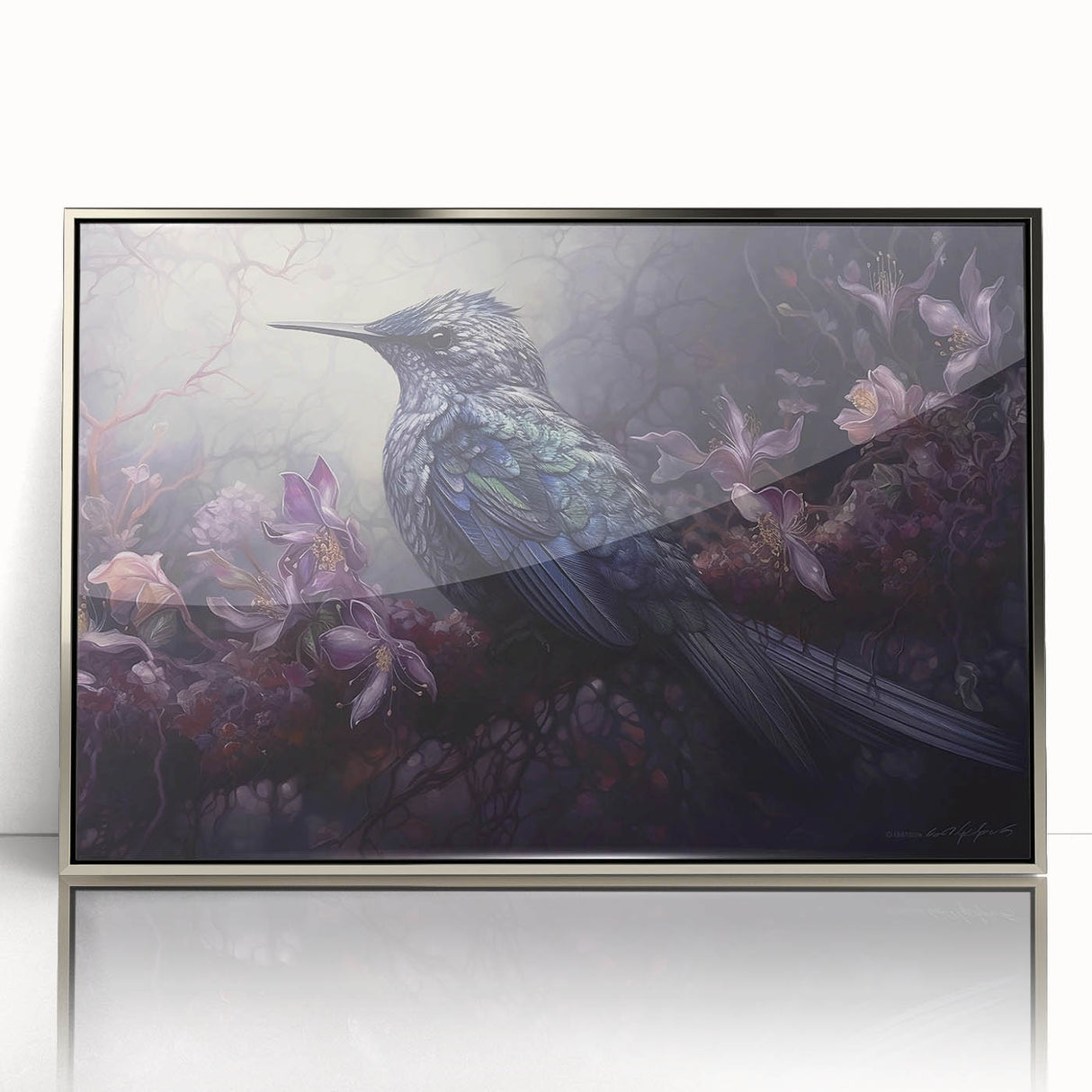 Framed acrylic wall art featuring vibrant tropical birds in silver, showcasing a colorful design that enhances any decor with a lively touch. Perfect for bird lovers and modern interiors.