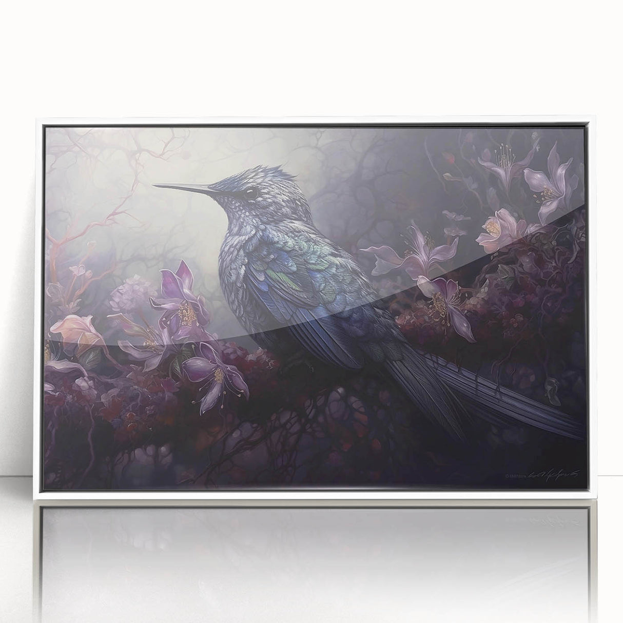 Framed wall art showcasing a vibrant tropical bird design with intricate details, set against a white background, ideal for enhancing home decor.