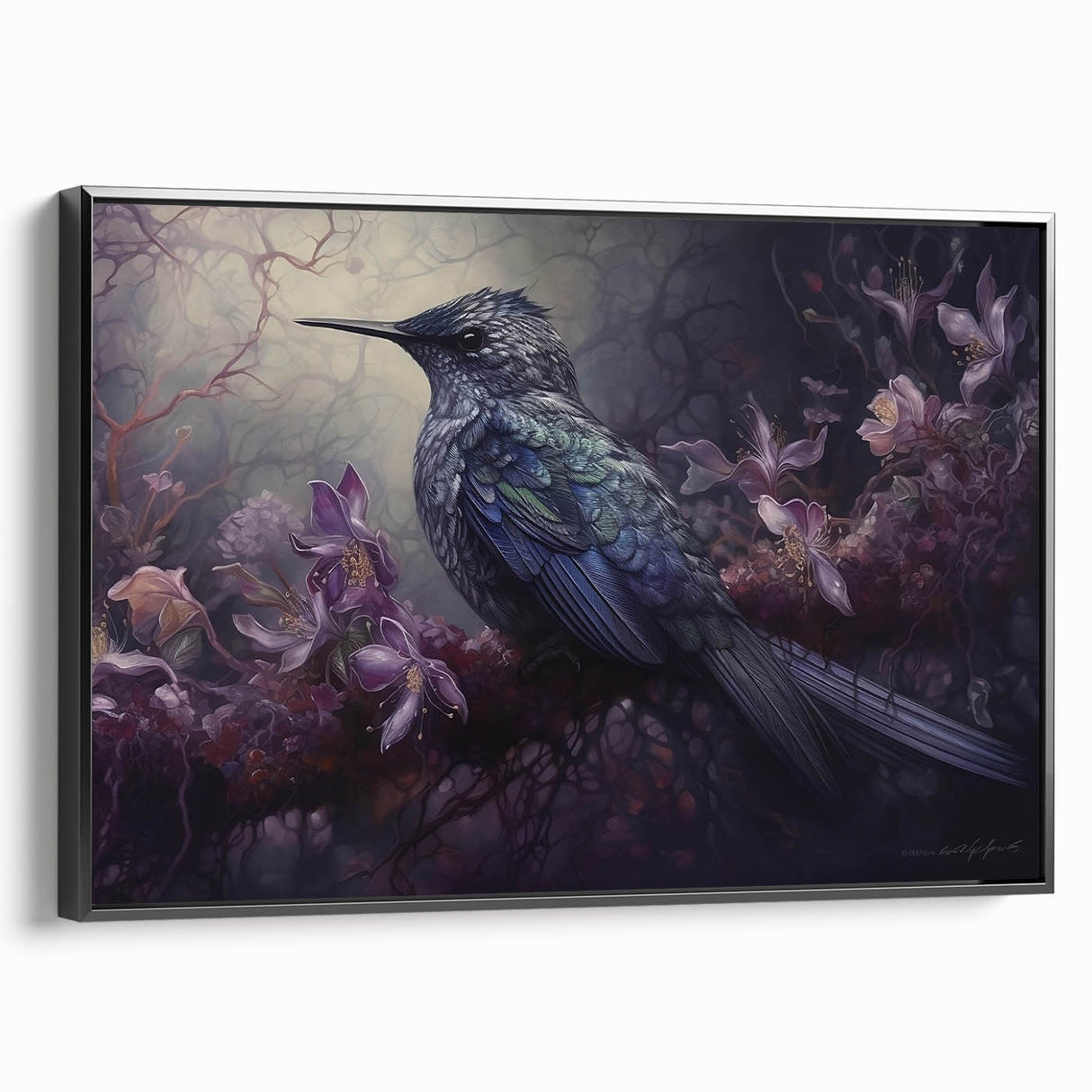 Framed wall art collection featuring vibrant tropical birds design on a textured canvas, displayed from a side view with a sleek black frame, ideal for home decor.