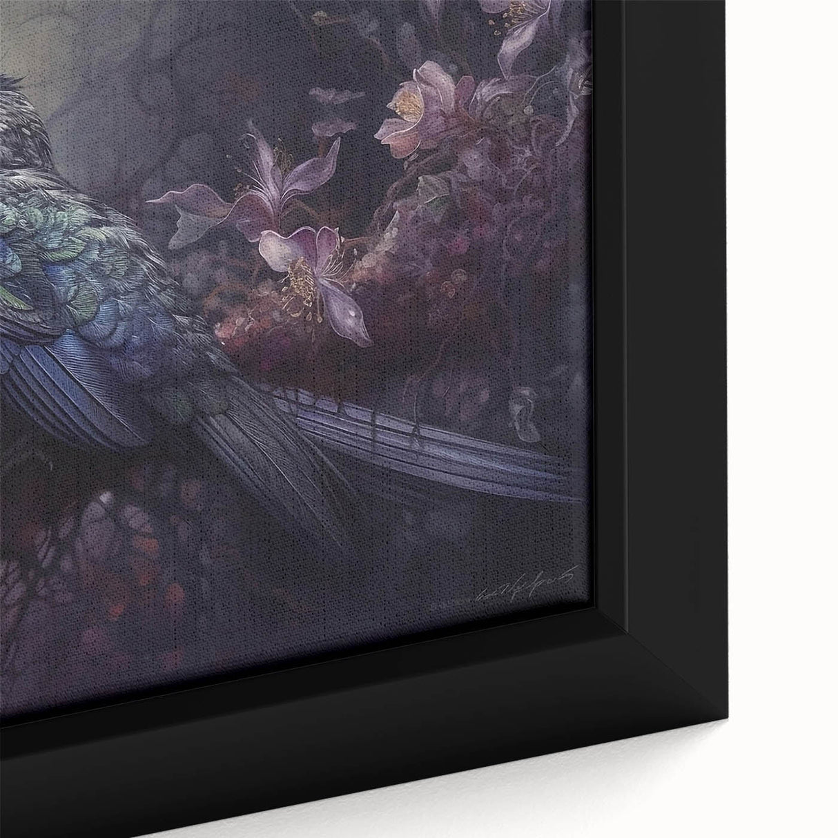 Vibrant close-up of a framed canvas featuring a tropical bird design, showcasing vivid colors and intricate details, perfect for adding a lively touch to any decor.