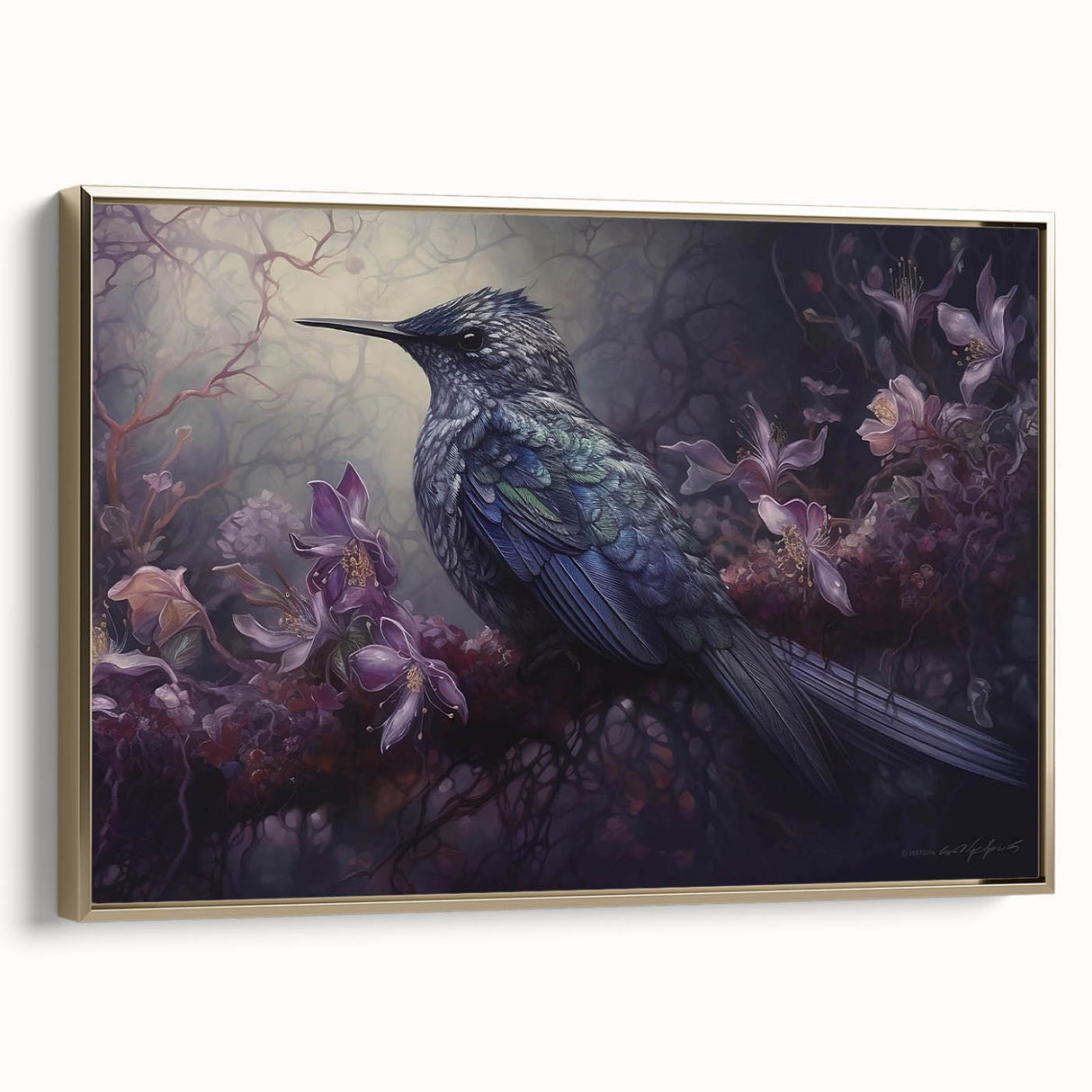 Framed wall art featuring a vibrant tropical bird design, showcasing intricate details and rich colors, with a gold frame enhancing its elegance, ideal for home decor.