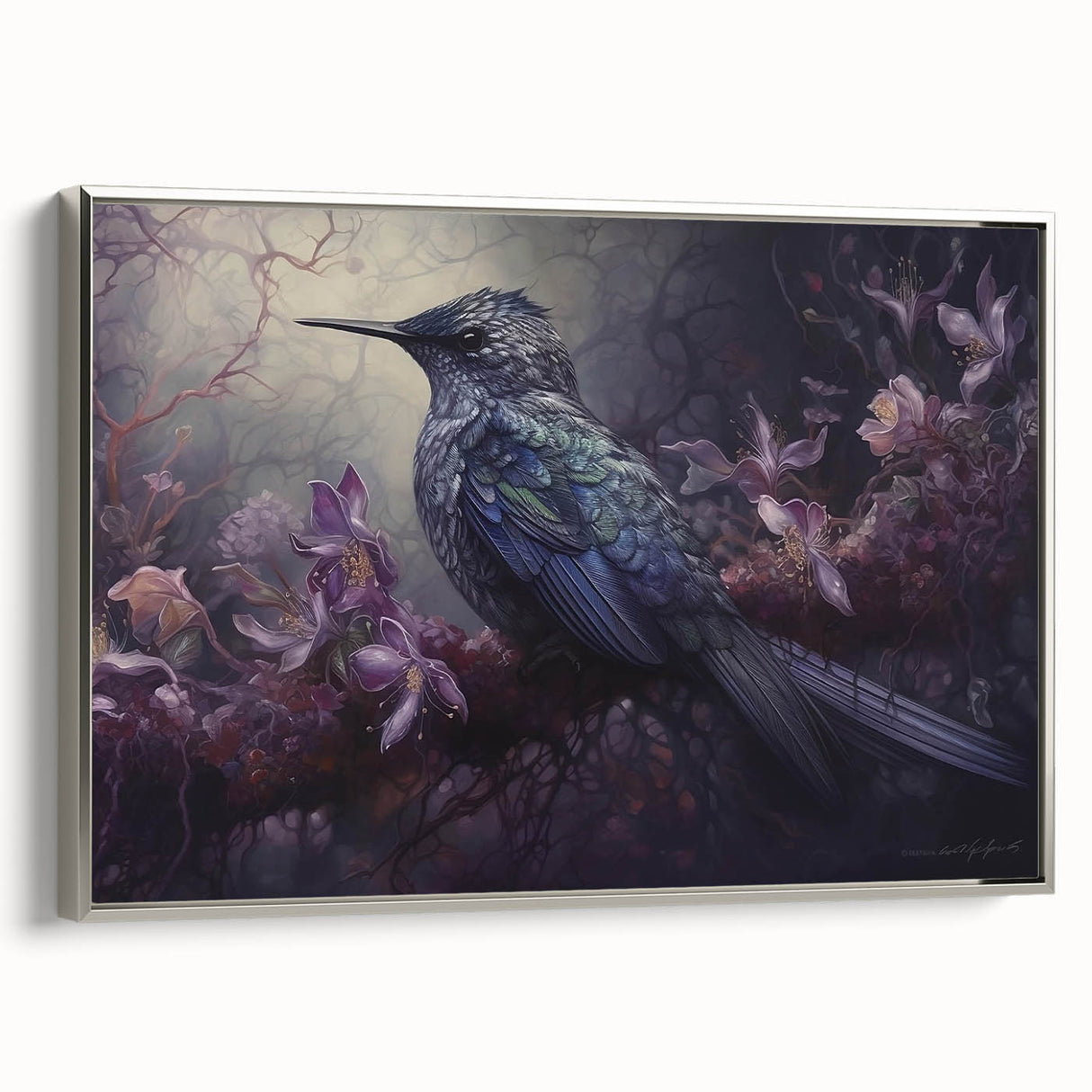 Framed wall art featuring a vibrant tropical bird design on canvas, showcasing bright colors and intricate details, set against a sleek silver frame.