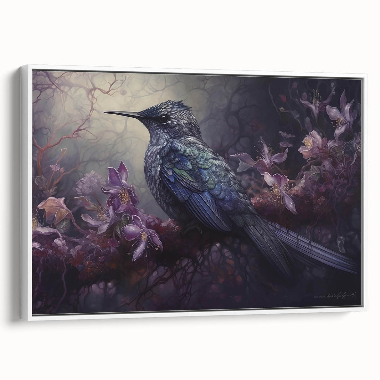 Framed wall art featuring a vibrant tropical bird design with vivid colors on a white background, showcasing the collection's elegant side view. Perfect for home decor.