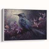 Framed wall art featuring a vibrant tropical bird design with vivid colors on a white background, showcasing the collection's elegant side view. Perfect for home decor.