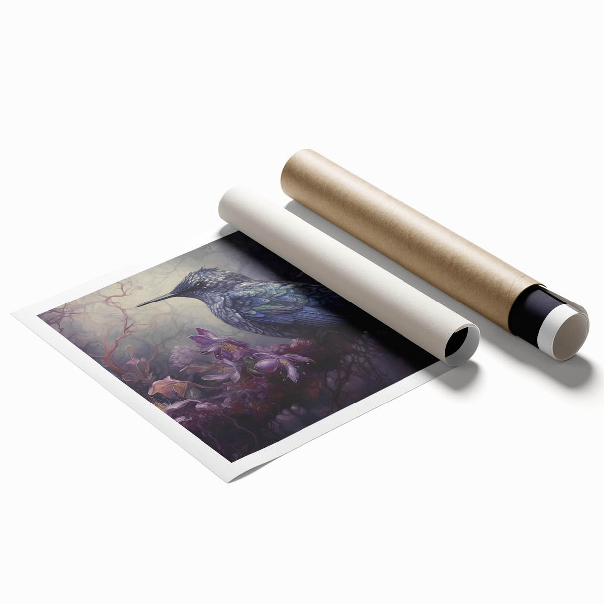 Tropical birds wall art print showcasing vibrant colors and intricate designs, ideal for home decor or nature-themed spaces, presented as a rolled canvas for easy framing.