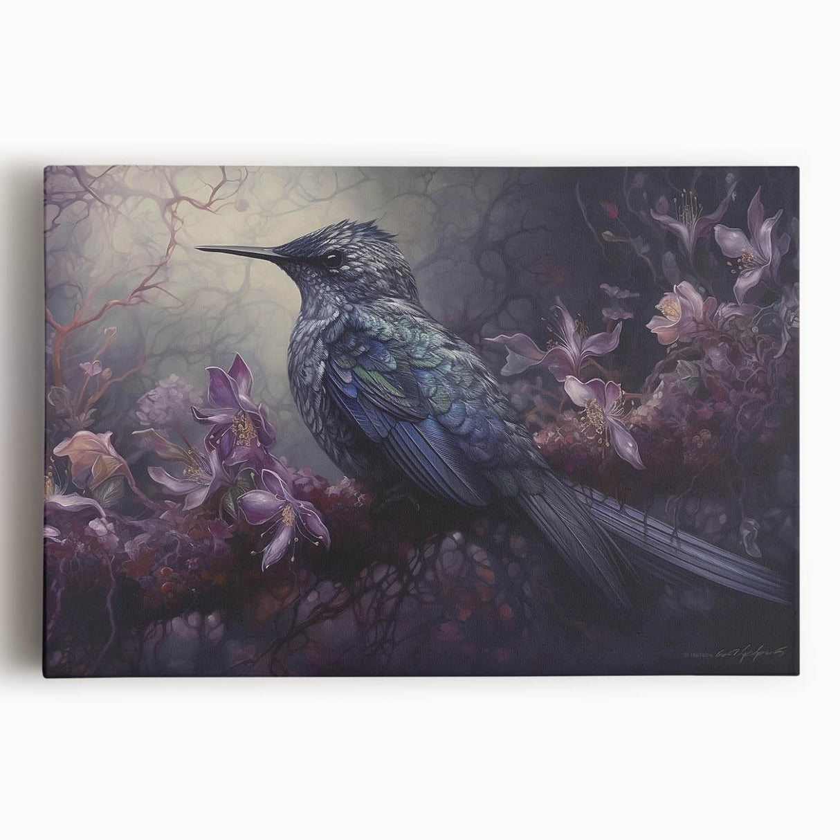 Vibrant tropical birds wall art design on a stretched canvas, showcasing colorful parakeets and exotic foliage, perfect for enhancing home decor or office spaces.