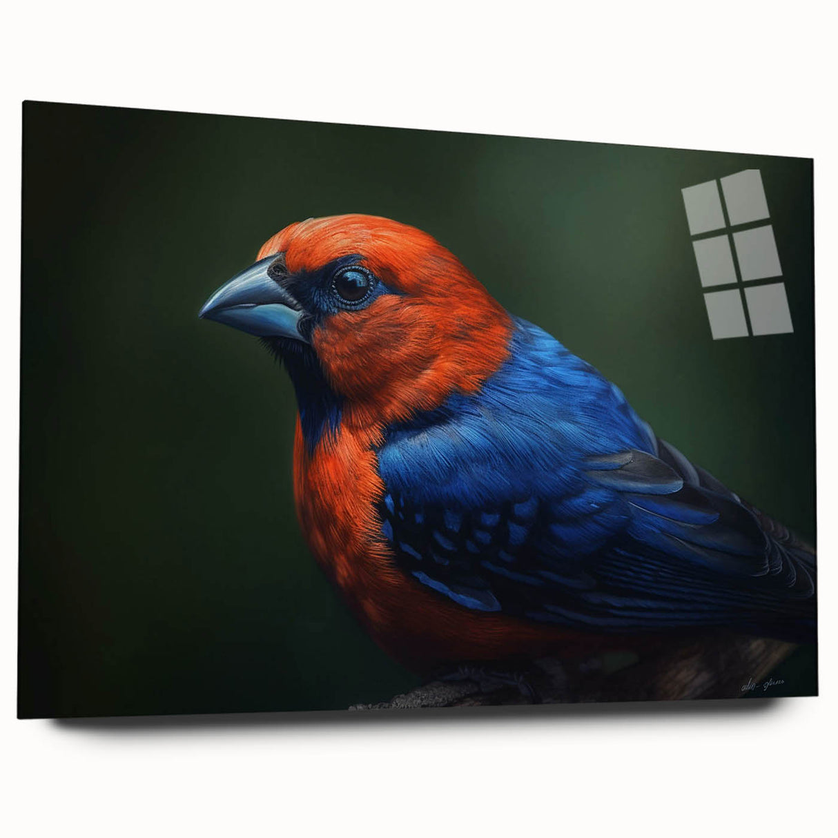 Tropical birds wall art design displayed in an acrylic glass frame, showcasing vibrant colors and intricate details, perfect for enhancing modern decor.