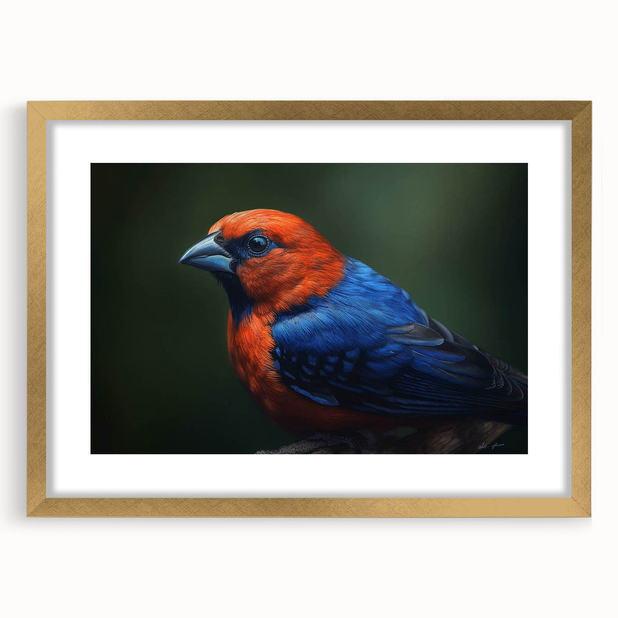 Framed tropical bird wall art design showcasing vibrant colors and intricate details, set in a chic gold frame with a mat, ideal for enhancing home decor.