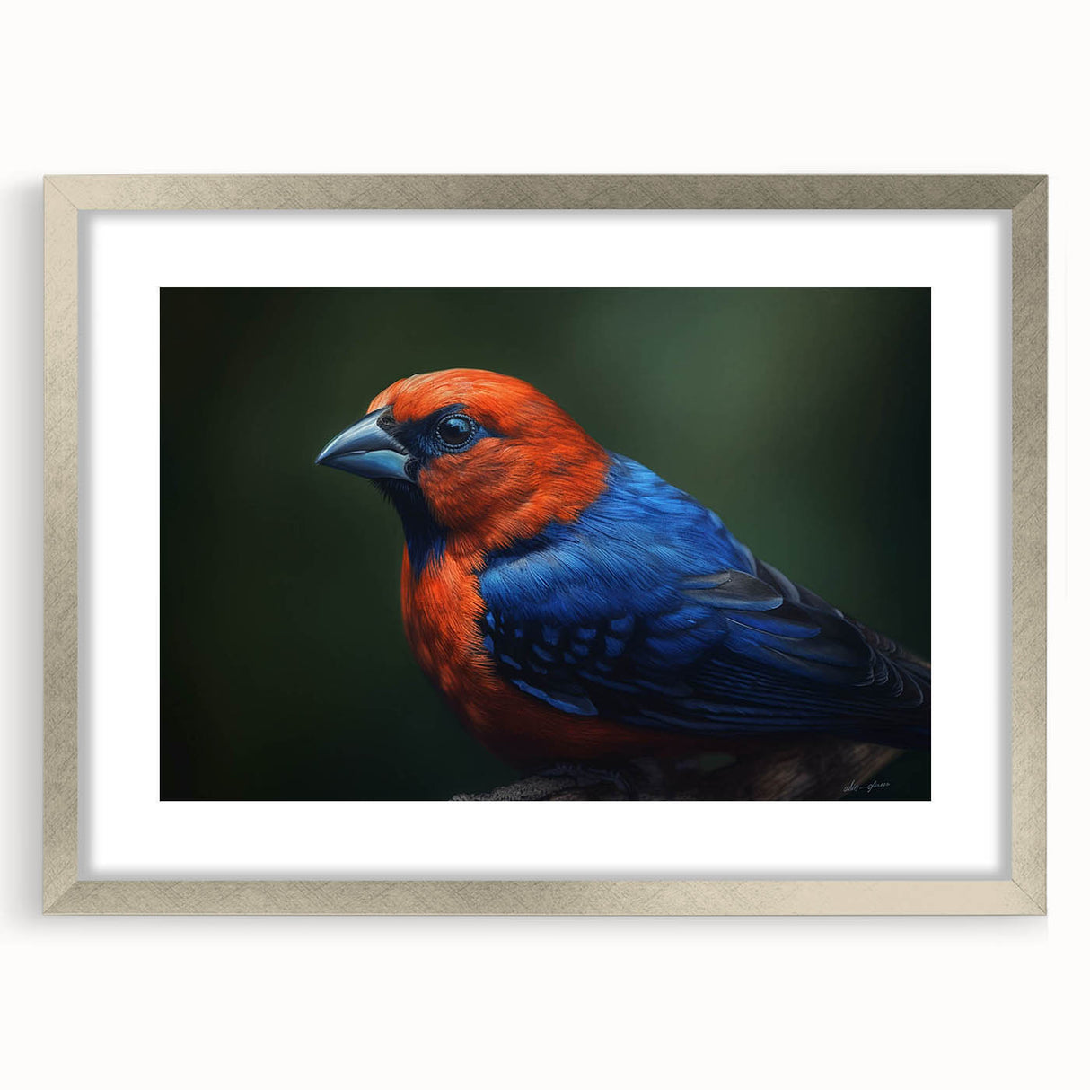Tropical birds wall art design framed in silver with a mat, showcasing vibrant colors and intricate details, ideal for enhancing any modern decor.