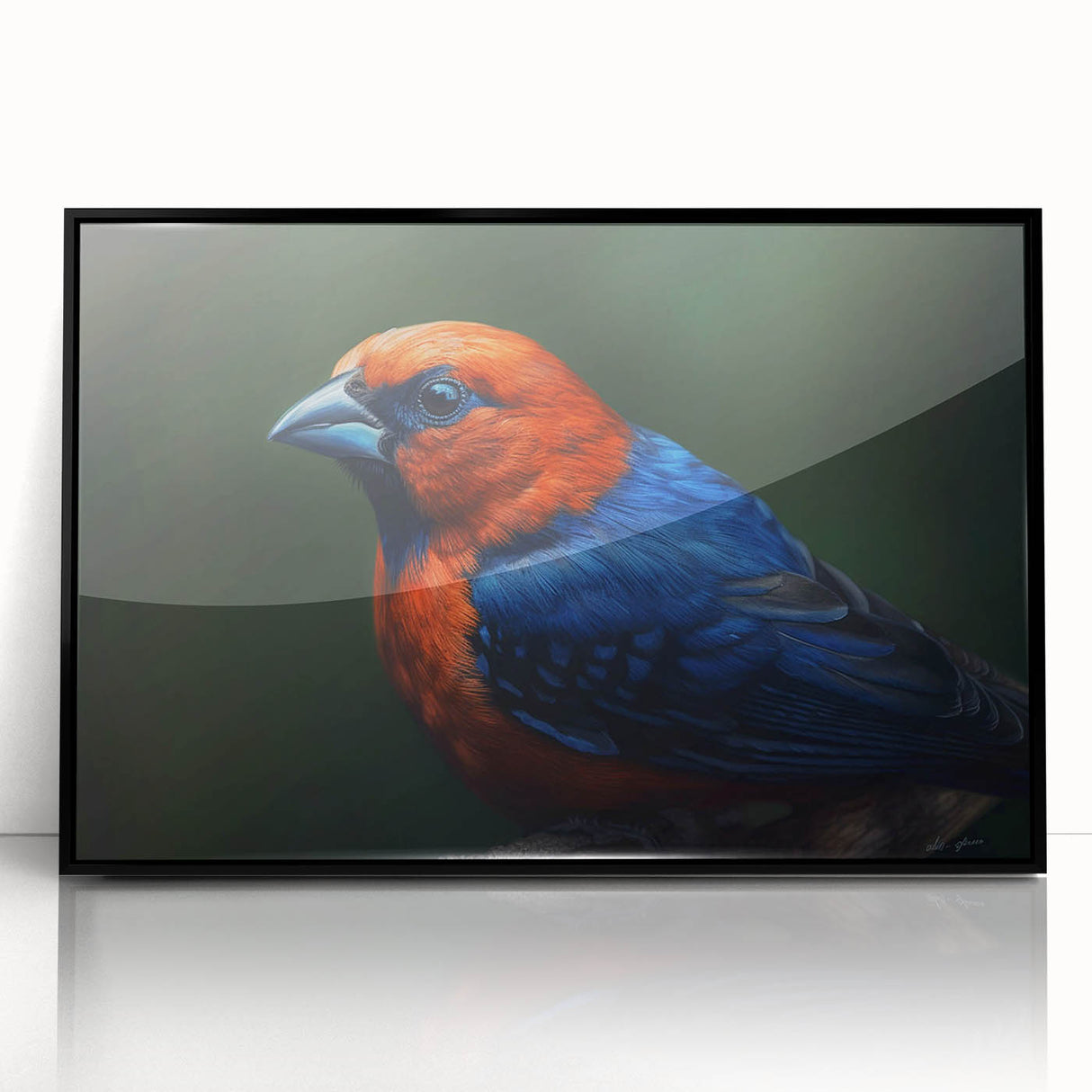 Framed wall art featuring a vibrant tropical bird design with rich colors, presented in a sleek black frame, perfect for enhancing modern decor.