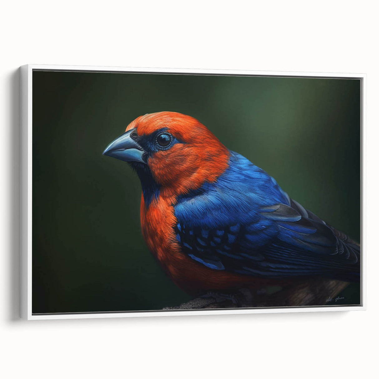 Framed canvas wall art showcasing a vibrant tropical bird design, featuring bright colors and detailed illustrations, perfect for adding a lively touch to home decor.