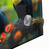 Close-up of a vibrant tropical bird wall art design on acrylic glass, showcasing vivid colors and intricate details, ideal for brightening home decor.