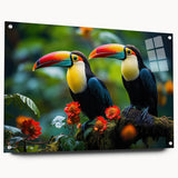 Vibrant tropical bird wall art collection displayed in acrylic glass with pins, showcasing vivid colors and intricate designs, perfect for enhancing interior decor.