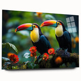 Colorful tropical bird wall art collection displayed in a sleek acrylic glass frame, showcasing vibrant designs and intricate details, perfect for home decor.