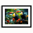 Tropical bird wall art collection featuring vibrant colors in a black frame with matting, showcasing detailed illustrations of exotic birds, perfect for home decor.