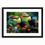 Tropical bird wall art collection featuring vibrant colors in a black frame with matting, showcasing detailed illustrations of exotic birds, perfect for home decor.