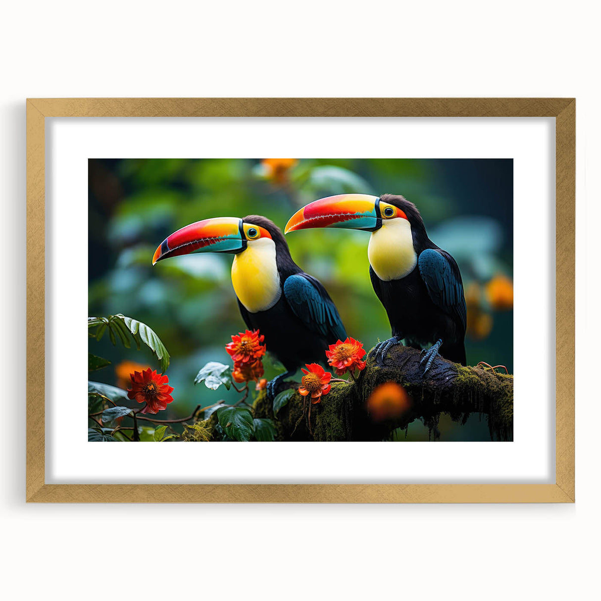 Tropical birds wall art collection featuring vibrant colors in a gold frame with mat, perfect for enhancing home decor with a nature-inspired aesthetic.