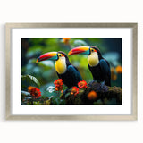 Tropical birds wall art collection in a silver frame with mat, showcasing vibrant colors and intricate designs, perfect for enhancing interior decor.