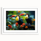Tropical birds wall art collection framed with a white mat, showcasing vibrant colors and intricate designs, ideal for enhancing modern decor.