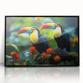 Framed wall art collection showcasing vibrant tropical birds on a black background, featuring intricate details and a modern design, perfect for home decor.